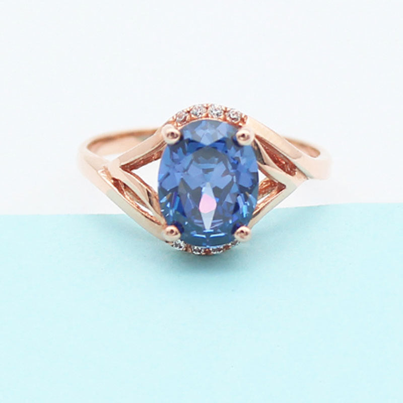 Purple Gold Inlaid With Blue Stones Adjustable Ring With Rose-gold Plating