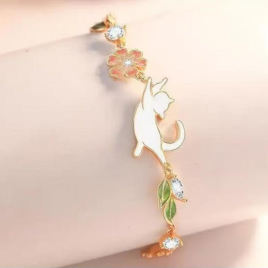 S999 Pure Silver Cat And Flower Bracelet For Women