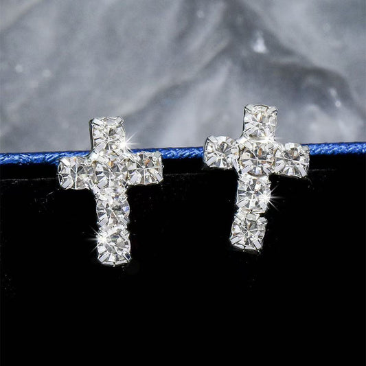 1pair Silver Full Diamond Cross Stud Earrings, Flat Back Piercing Tragus Cartilage Earrings, Luxury Cross Paved Cuff Earrings