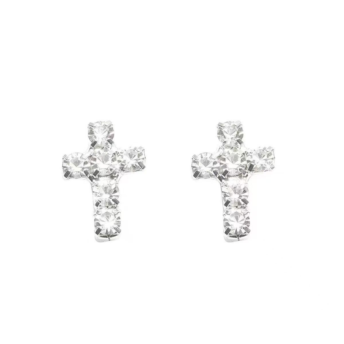 1pair Silver Full Diamond Cross Stud Earrings, Flat Back Piercing Tragus Cartilage Earrings, Luxury Cross Paved Cuff Earrings