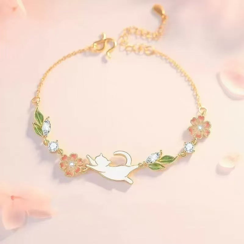S999 Pure Silver Cat And Flower Bracelet For Women